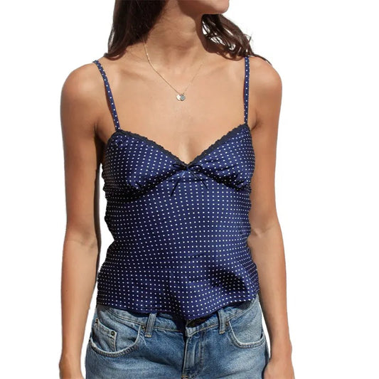 Women Y2K Cami Tank Top Polka Dot Sleeveless V Neck Crop Top Sexy Lace Trim Spaghetti Strap Camisole Top