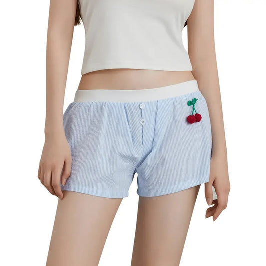 Women Y2K Cute Lounge Shirts Casual Cute Cherry Striped Print Elastic Short Pants for Vacation Beach Nightclub Streetwear