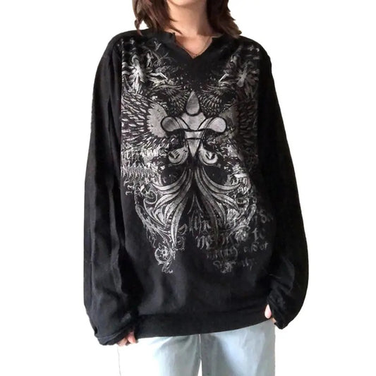 Women Y2K Fairy Grunge Sweatshirt Long Sleeve Graphic Print Oversized T-Shirt Gothic Streetwear Loose Pullover Top