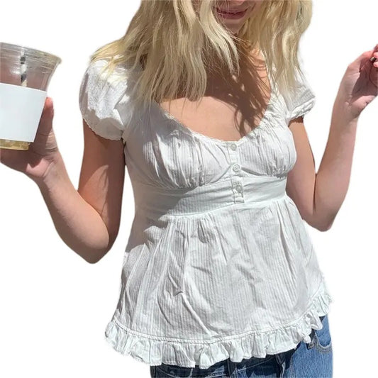 Women Y2K Lace Patchwork Crop Top Tee Fairy Grunge Short Sleeve Square Neck Button Down Shirt Vintage Basic Casual T-Shirt Party Streetwear