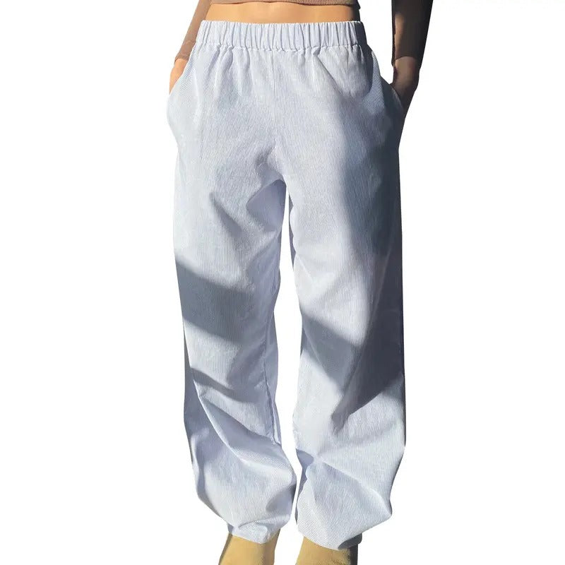 Women Y2K Pinstriped Lounge Pants Elastic Low Rise Wide Leg Drawstring Pajama Pant Casual Going Out Sweatpants with Pockets