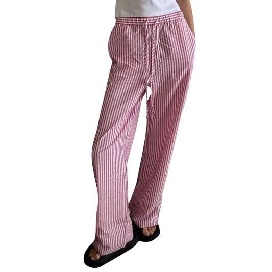 Women Y2K Striped Print Pjs Pants Casual Elastic Low Rise Wide Leg Loose Drawstring Straight Pajama Pant Lounge Going Out Streetwear with Pockets
