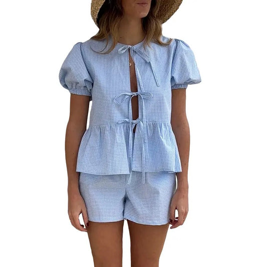 Women Y2k 2 Piece Gingham Shorts Sets Puff Sleeve Tie Front Peplum Tops Matching Wide Leg Boxer Shorts Pajamas Sets 2Pcs Summer Loungewear