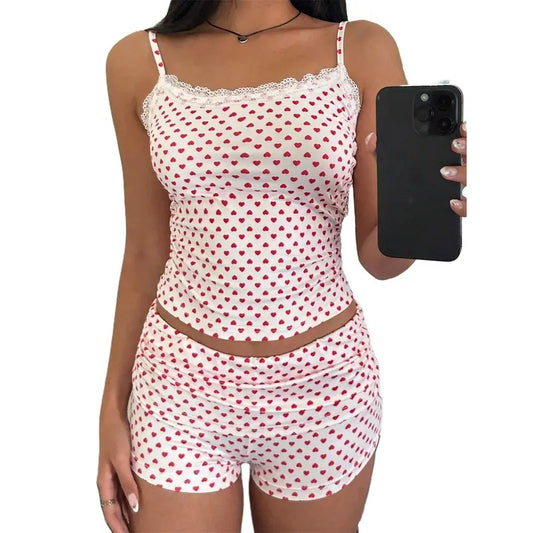 Women Y2k 2 Piece Lace Cami Top Shorts Set Pajamas Set Heart Cami Crop Top Fold over Shorts Girls Cute 2pcs Sexy Pj Set