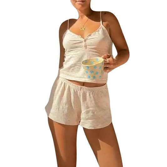Women Y2k 2 Piece Loungewear Set Y2k Girls Sexy Pajamas Set Sleeveless Slim Fitted Cami Top High Waist Button front Shorts Set Pj Set Streetwear