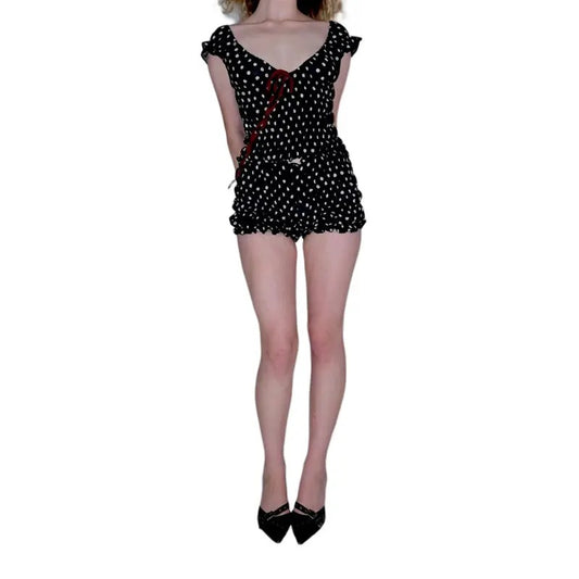 Women Y2k 2 Piece Pjamas Set Polka Dot Outfits Set Short Sleeve Ruffle T-Shirt Crop Top Ruched Shorts Cute Summer Set Party Streetwear