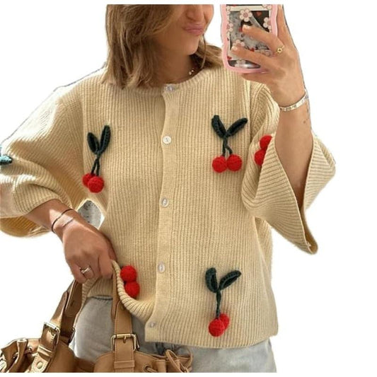 Women Y2k Cherry Decor Crop Cardigan Top Short Sleeve Button Down Loose Knitted Open Front Sweater Outwear Shirt