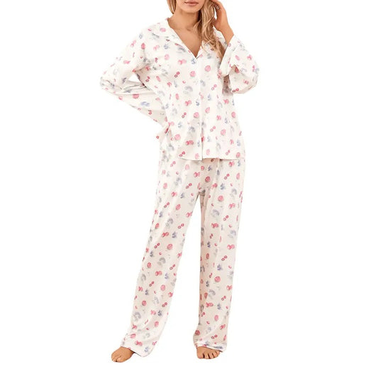 Women Y2k Cute Fruit Pajamas Set Casual Lounge Set Strawberry Print Long Sleeve Loose Shirts Tops High Waist Wide Leg Pants 2 Piece Loungewear Outfits