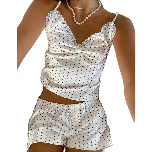 Women Y2k Cute Pajamas Set 2 Piece Loungewear Set Teen Girls Set Sleeveless Love Heart Printing Cami Top Shorts Party Outfits Set