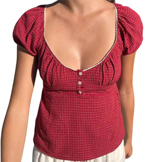Women Y2k Cute T-Shirt E-Girls Vintage Fairy Aesthetic Tee Shirt Short Sleeve Lace Edge Button down Shirt Party Streetwear
