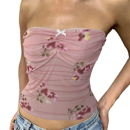 Women Y2k Girls Sexy Lace Tube Top Sleeveless Floral Printing  Bandeau Tube Top Cute Summer Cami Top Party Steetwear