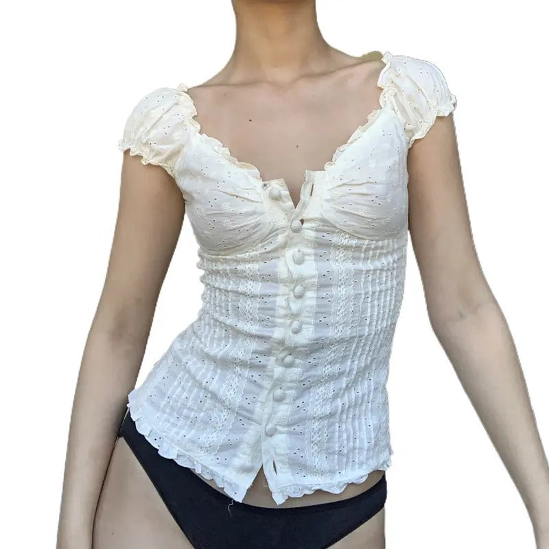 Women Y2k Girls Sexy T-Shirt Crio Top Short Sleeve Ruffle Hem Button Down Lace Tee Shirt Y2k Vintage Cute Fairy Tank Top Party Streetwear