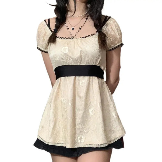 Women Y2k Girls T-shirt 90s E-girl Fairy Vintage Tee Shirt with Cute Bow Short Sleeve Lace Edge Shirt Top Party Streetwear