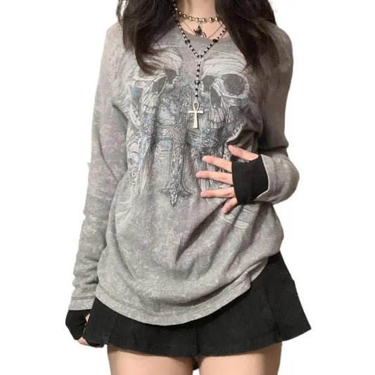 Women Y2k Gothic Graphic Shirt 90s E-Girl Vintage T-Shirt Long Sleeve Fairy Grunge Baggy Shirt Oversized Sweatshirt Party Streetwear