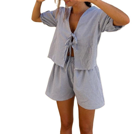 Women Y2k Peplum Shirt Shorts Set 2 Piece Lounge Set Pajamas Sets Puff Sleeve Tie Front Top 2pcs Outfits Set Pj Set Party Streetwear