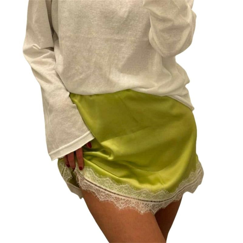 Women Y2k Satin Silk Mini Skirt Low Rise Lace Trim Skirt A Line Silky Short Layered Underskirts Shirt Extender
