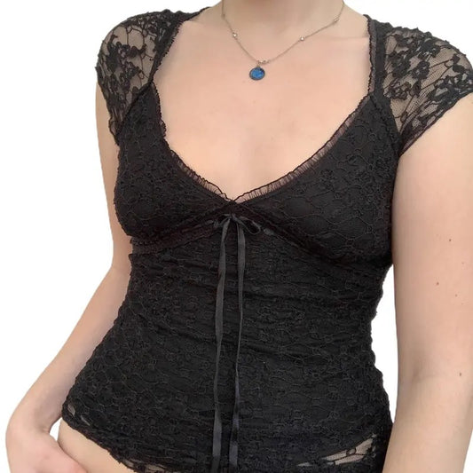 Women Y2k Sexy Lace T-Shirt Crop Top Short Sleeve V-Neck Skim Fitted Shirt Top Fairy Grunge Viantage Shirt Party Streetwear