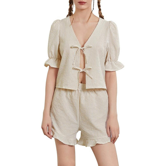 Women Y2k Two Piece Plaid Lounge Sets Puff Short Sleeve Tie front Ruffle Hem Blouse Top Matching High Waist Shorts Casual Baggy Pajamas Sets