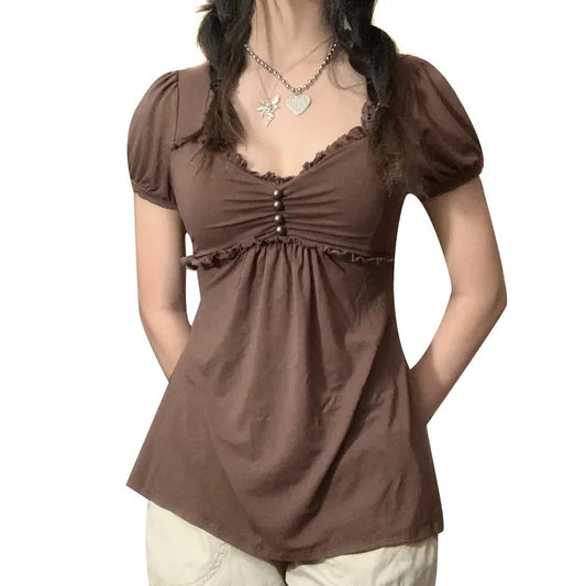 Women Y2k Vintage Shirt 90s E-Girl T-Shirt Short Bubble Sleeve Ruffle Hem Tee Shirt Top Y2k Girls Cute Shirt Party Streetwear
