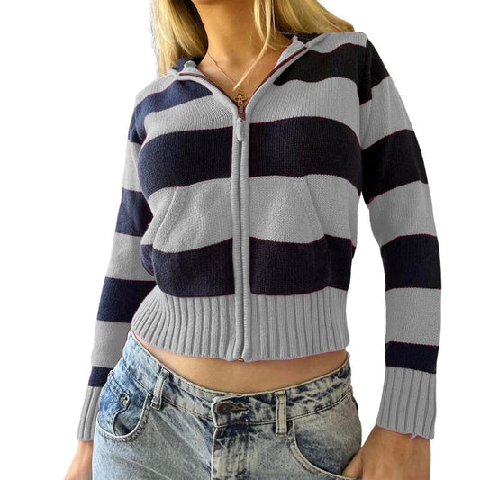 Women Y2k Vintage Stripe Cardigan Hoodies Knitted Hooded Zipper Long Sleeve Sweater Pocket Slim Fit Fall Casual Soft Knit Coat