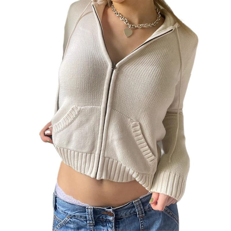 Women Zip Up Hoodie Y2k Vintage Long Sleeve Knitted Sweatshirt 90s Crop top Knitwear Coat Jacket Streetwear