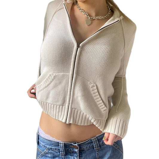 Women Zip Up Hoodie Y2k Vintage Long Sleeve Knitted Sweatshirt 90s Crop top Knitwear Coat Jacket Streetwear