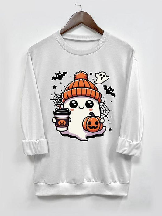 Women's  Ghost & Pumpkin Print Round Neck Tee, Fashion Casual Long Sleeve T-shirt for Daily Holiday Vacation Outdoor Wear, Women Tops for Fall & Winter
