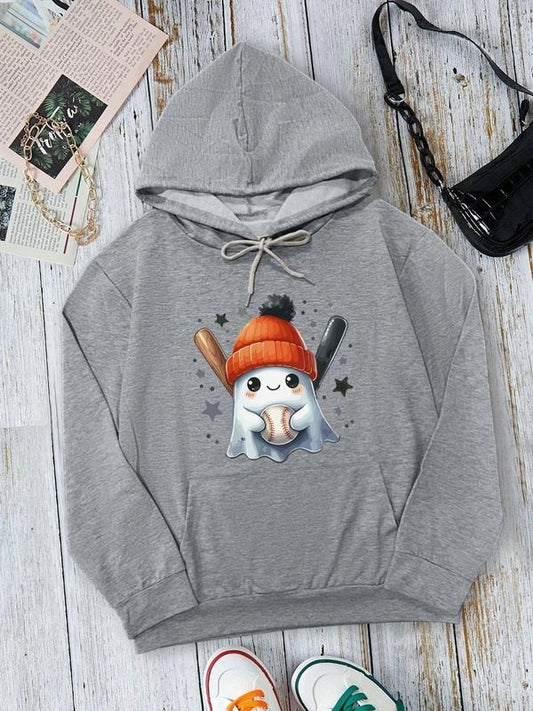 Women's  Ghost Print Drop Shoulder Hoodie, Fashion Casual Drawstring Pocket Hooded Sweatshirt for Daily Holiday Outdoor Wear, Women Clothing for Fall & Winterstyle{n002}2