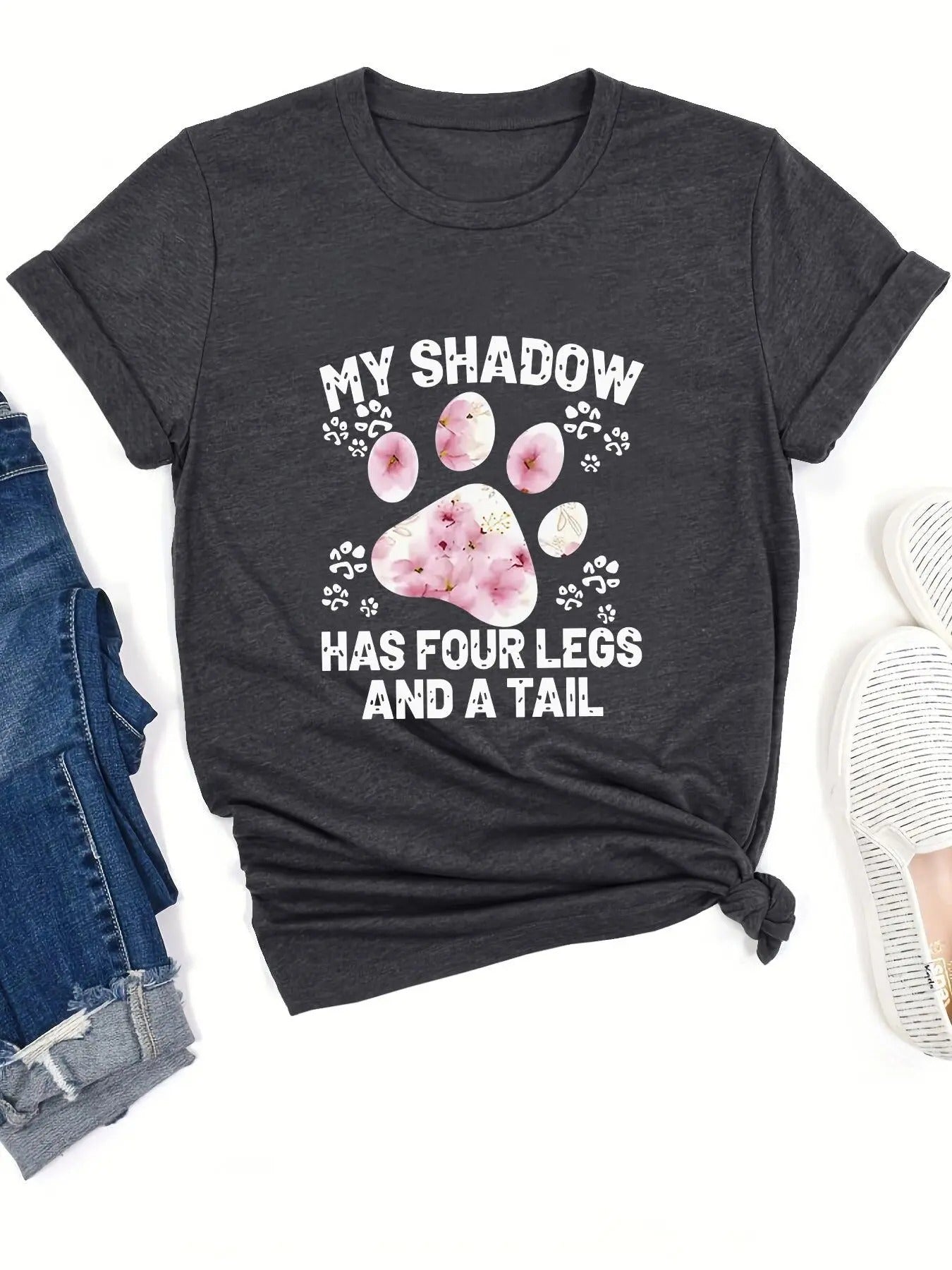 Women's "MY SHADOW HAS FOUR LEGS AND A TAIL" Letter & Paw Print Round Neck Tee, Fashion Casual Crew Neck Short Sleeve T-shirt for Daily Holiday Vacation Outdoor Wear, Ladies Summer Clothes