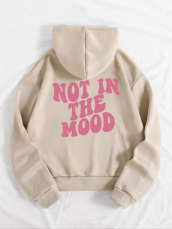 Women's "NOT IN THE MOOD" Graphic Print Pocket Drawstring Zip Up Hoodie, Y2K Trendy Vintage Letter Print Long Sleeve Zipper Hooded Sweatshirt Outerwear, Casual Top for Fall & Winter