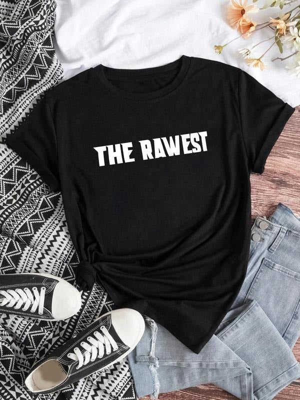 Women's "THE RAWEST" Letter Print Round Neck Graphic Tee, Vintage Trendy Casual Short Sleeve T-shirt for Daily Wear, Ladies All Seasons Outfit
