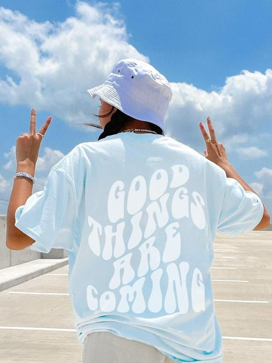 Women's "good Things Are Coming" Print Round Neck Tee, Fashion Casual Crew Neck T-Shirt for Daily Holiday Vacation Outdoor Wear, Ladies Clothes for Summer, Top