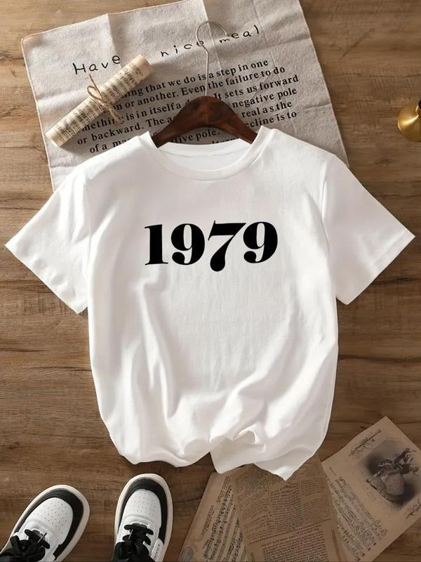 Women's 1979 Year Number Print Round Neck Tee, Fashion Casual Short Sleeve T-shirt for Daily Wear, Ladies Clothes for All Seasons