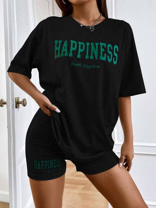 Women's 2pcs Letter Print Drop Shoulder Tee & Elastic Waist Shorts Set, Summer Clothes Women, Round Neck Short Sleeve T-shirt & Track Shorts, Casual Summer Clothes for Outdoor Sports