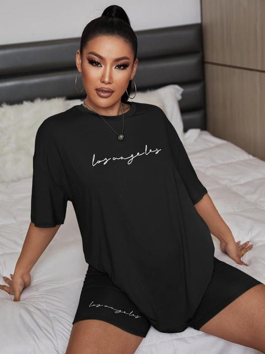 Women's 2pcs Letter Print Drop Shoulder Tee & Shorts Set, Casual Short Sleeve Round Neck T-Shirt & Shorts for Daily Outdoor Sports, Women's Clothes for Summer, Women's Summer Clothes