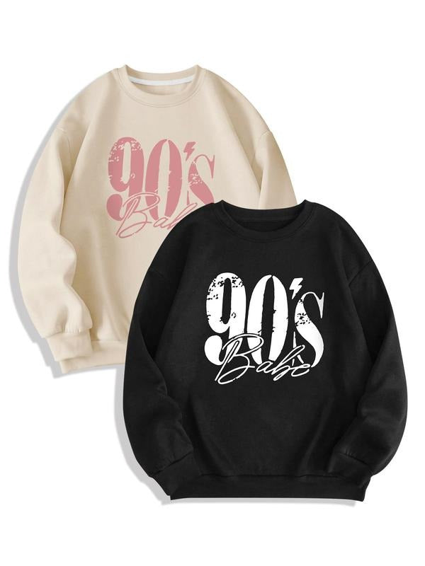 Women's 90's Graphic Drop Shoulder Sweatshirt Set, Fashion Casual Crewneck Long Sleeve Pullover for Daily Holiday Outdoor Wear, Women Clothes for Spring & Fall