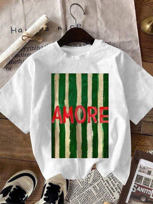 Women's AMORE Print Round Neck Tee, Fashion Casual Crew Neck T-Shirt for Daily Holiday Vacation Outdoor Wear, Ladies Clothes for Summer, Top
