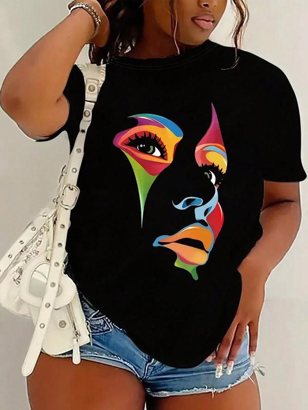 Women's Abstract Figure Print Round Neck Tee, Fashion Casual Crew Neck Short Sleeve T-Shirt for Daily Holiday Vacation Outdoor Wear, Ladies Clothes for All Seasons