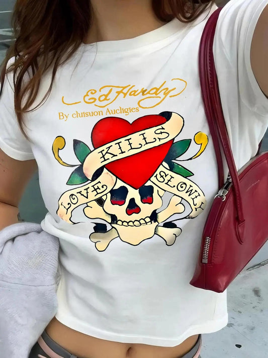 Women's All Over Heart & Skull Print Round Neck Tee, Fashion Casual Crew Neck T-shirt for Daily Holiday Vacation Outdoor Wear, Ladies Clothes for Summer, Top