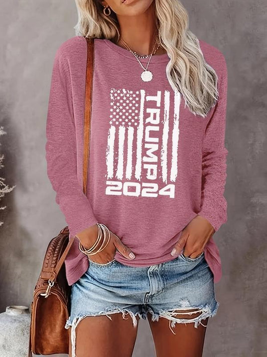 Women's American Flag & Letter Print Round Neck Tee, Fashion Casual Crew Neck T-shirt for Daily Holiday Vacation Outdoor Wear, Ladies Clothes for All Seasons