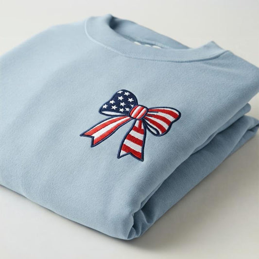 Women's American Flag Bow Embroidered Sweatshirt, Coquette USA Crewneck, 4th of July Crewneck, Patriotic Aesthetic Crewneck, Memorial Day Outfit For Her
