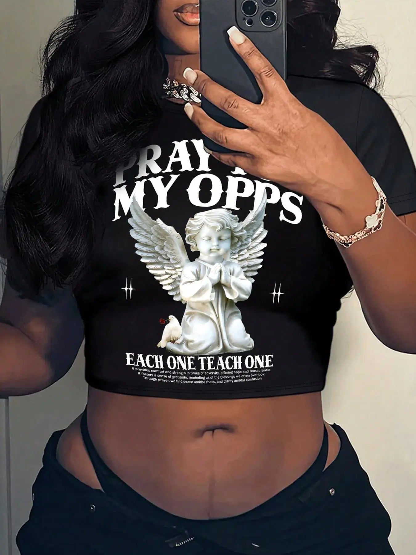 Women's Angel Print Round Neck Crop Tee, Fashion Casual Letter & Graphic Print Crew Neck T-Shirt for Daily Holiday Vacation Outdoor Wear, Ladies Clothes for All Seasons