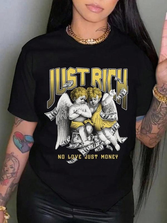 Women's Angel Print Round Neck Graphic Tee, Vintage Trendy Casual Short Sleeve T-shirt For Daily Wear, Ladies All Seasons...