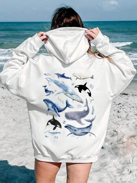 Women's Animal Print Drop Shoulder Hoodie, Fashion Casual Drawstring Pocket Hooded Sweatshirt for Daily Holiday Outdoor Wear, Ladies Clothes for Spring & Fall