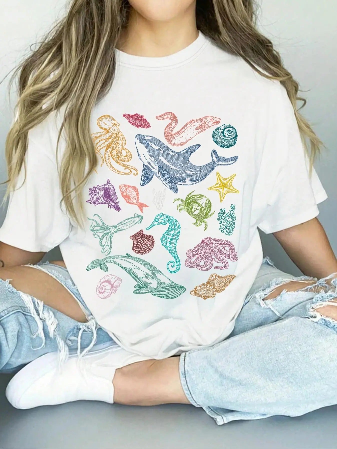 Women's Aquatic Creatures Round Neck Tee, Casual Drop Shoulder Half Sleeve T-shirt, Ladies Summer Outfit