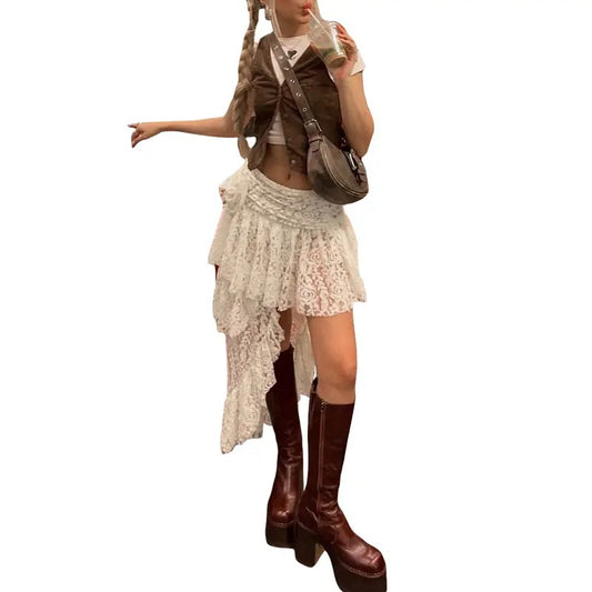 Women's Asymetric Skirts Flower Lace Ruffles Pleated Skirts Summer Fashion Irregular Casual Skirts Y2k Girls Mini Skirt Party Stereetwear