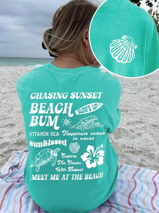 Women's Beach Vacation Graphic Print Round Neck Tee, Fashion Casual Short Sleeve T-shirt, Ladies Summer Clothes for Daily Wear, Top
