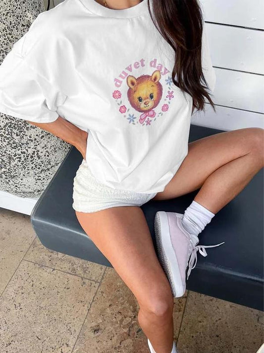 Women's Bear & Letter Print Round Neck Graphic Tee, Vintage Trendy Casual Half Sleeve T-shirt for Daily Wear, Ladies All Seasons Clothes
