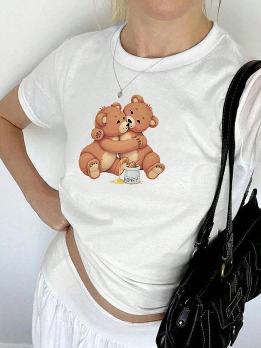 Women's Bear & Letter Print Round Neck Tee, Vintage Trendy Casual Short Sleeve T-shirt for Daily Wear, Ladies All Seasons...