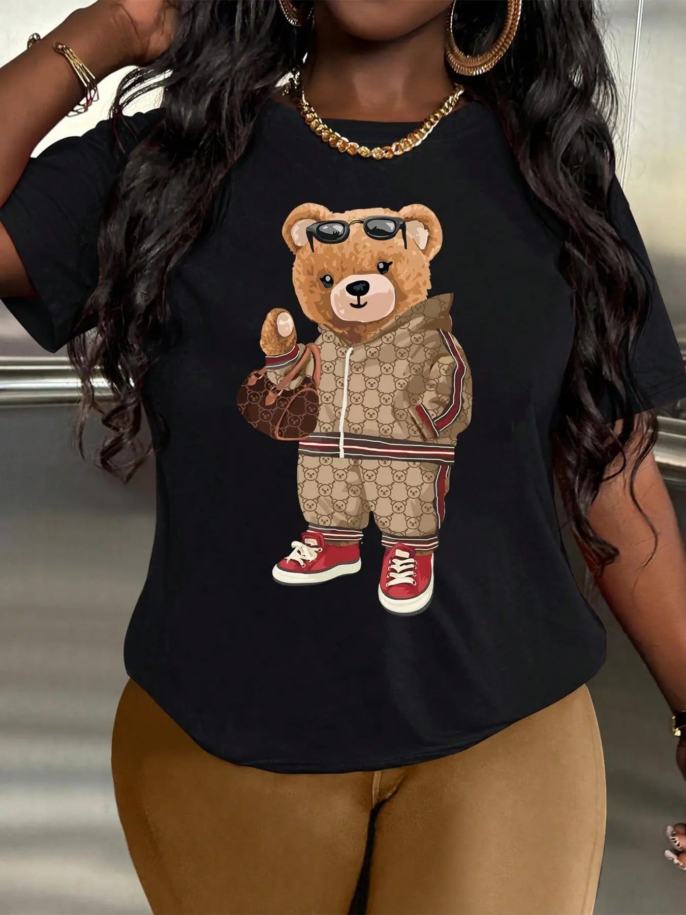 Women's Bear Print Round Neck Graphic Tee, Fashion Casual Crew Neck T-shirt for Daily Holiday Vacation Outdoor Wear, Ladies Clothes for All Seasons